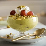 A serving of pistachio pudding with grapes and whipped cream in a bowl