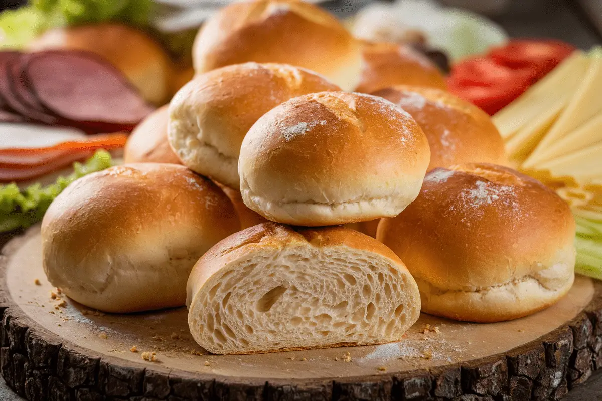 Homemade Deli Sandwich Rolls Recipe stacked on a rustic wooden platter, ready to be filled with meats, cheeses, and fresh toppings.