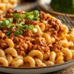 A creamy, cheesy bowl of Taco Mac and Cheese garnished with green onions, served with a side of fresh broccoli for a comforting meal.