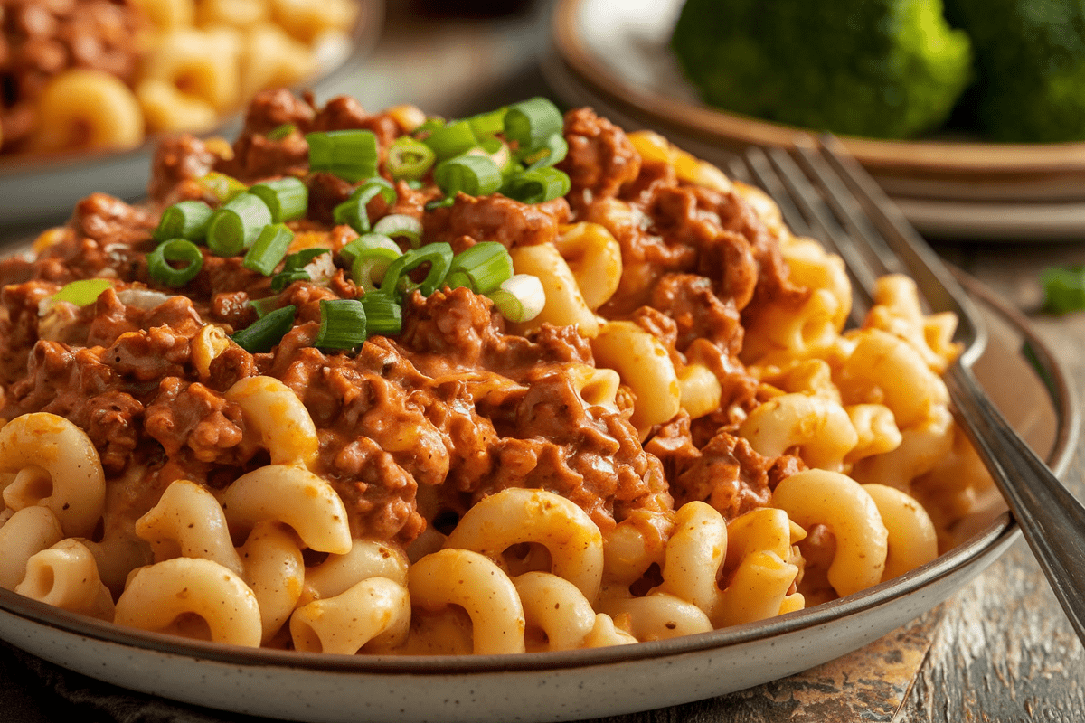 A creamy, cheesy bowl of Taco Mac and Cheese garnished with green onions, served with a side of fresh broccoli for a comforting meal.