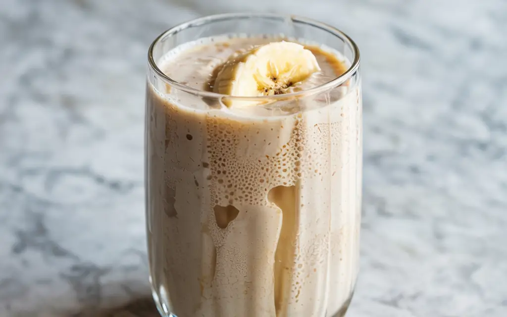 Banana Boat Smoothie in glass on marble surface