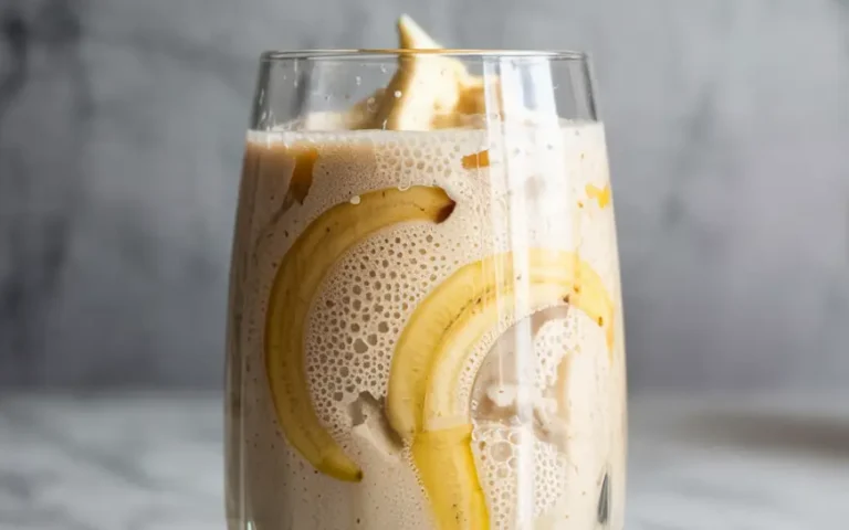 Banana Boat Smoothie in glass on marble surface